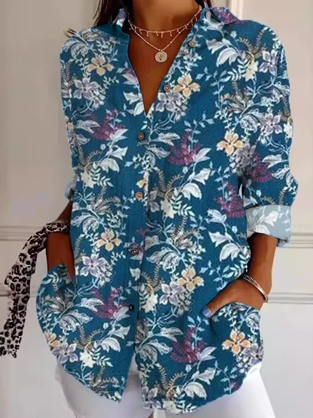 Shirt Collar Long Sleeve Floral Regular Loose TUNIC Shirt For Women