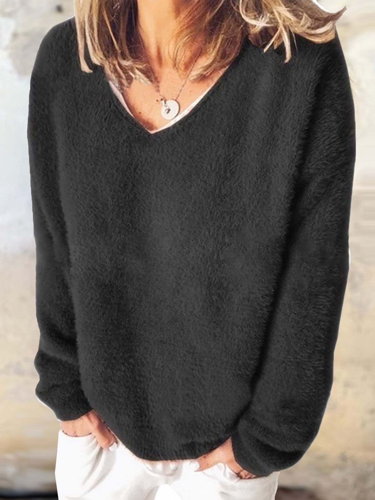 Casual V Neck Plain Sweatshirt