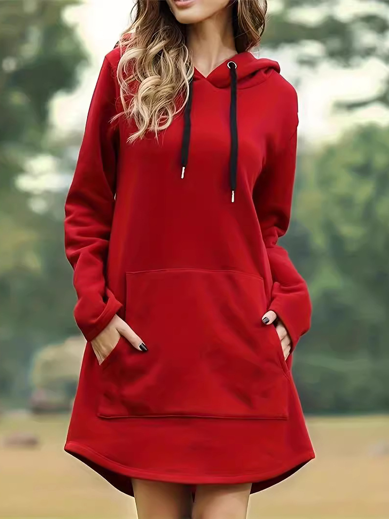 Women Plain Hooded Long Sleeve Comfy Casual Midi Dress