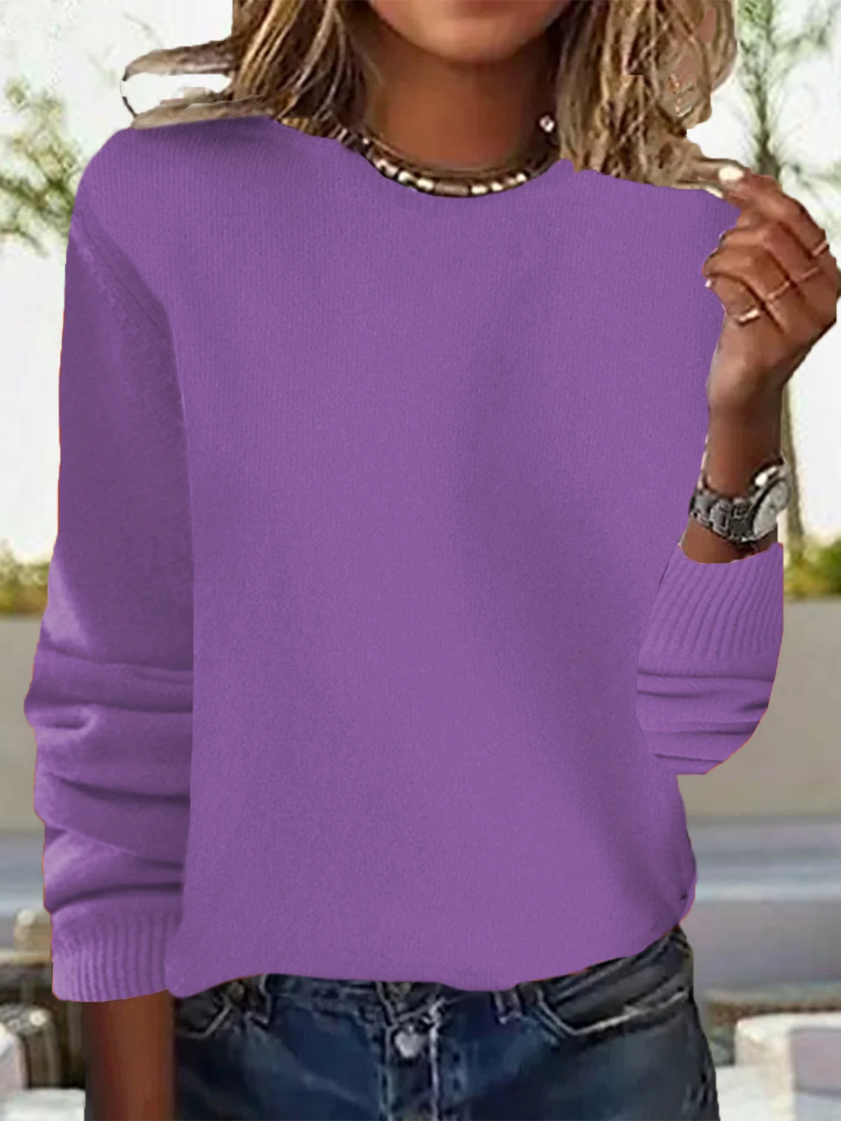 Women Yarn/Wool Yarn Plain Long Sleeve Comfy Casual Lace Sweater