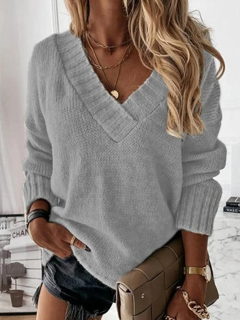 Women Yarn/Wool Yarn Plain Long Sleeve Comfy Casual Sweater