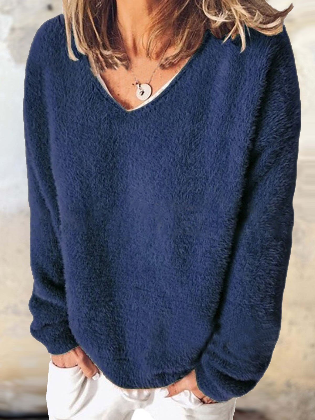 Casual V Neck Plain Sweatshirt