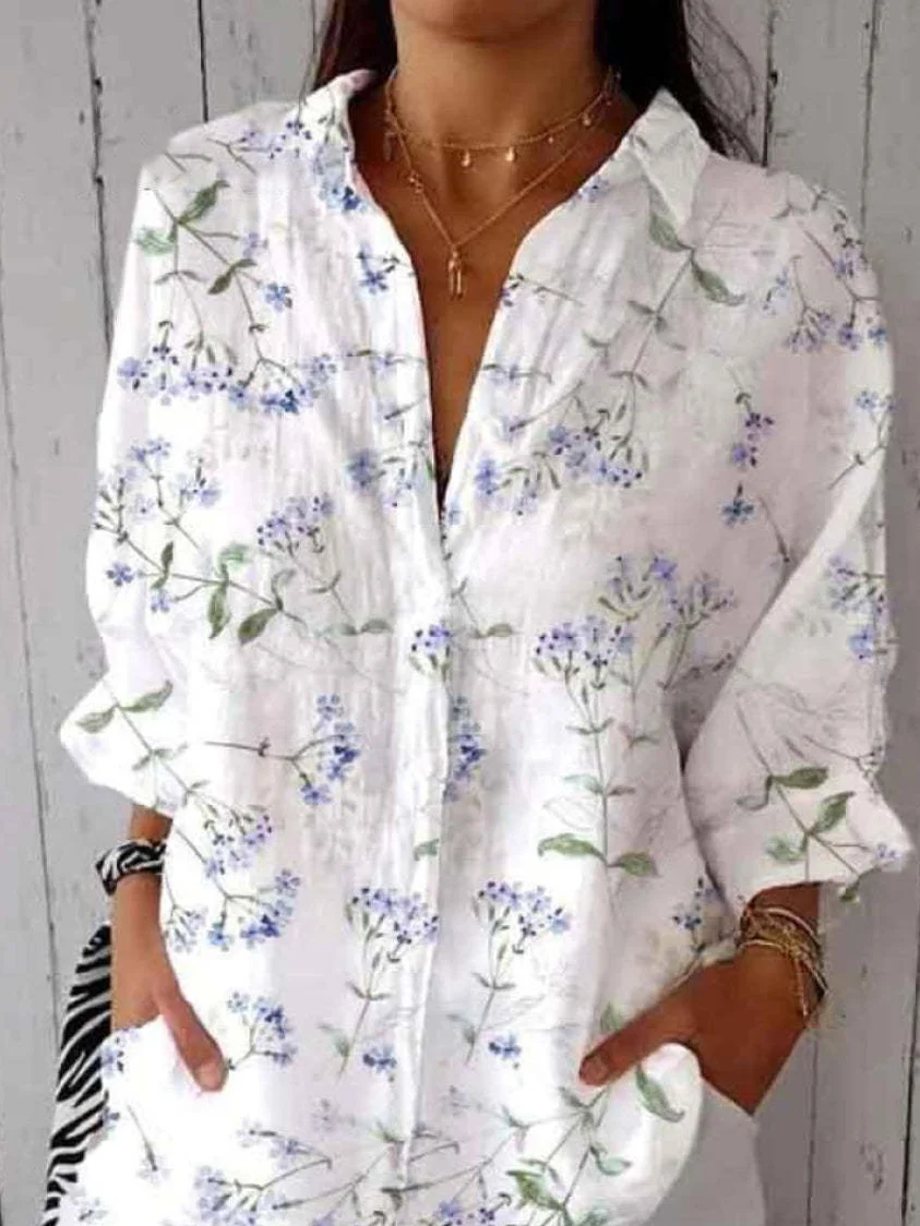 Shirt Collar Long Sleeve Floral Regular Loose Shirt For Women