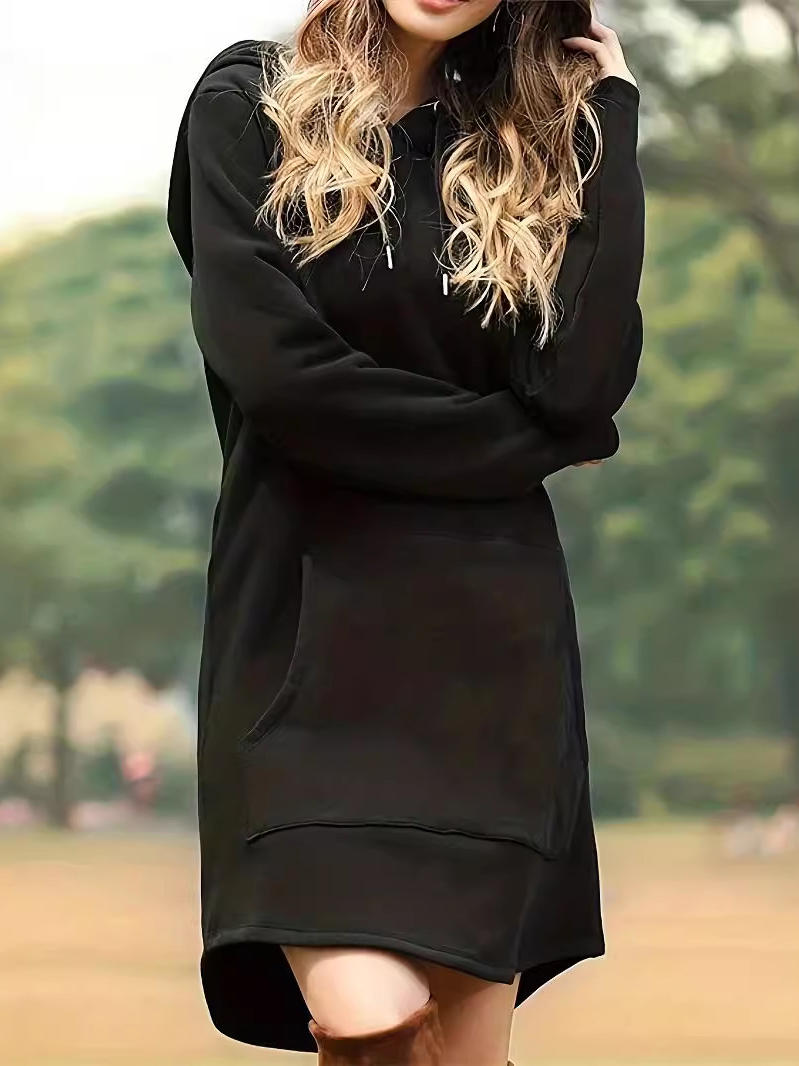 Women Plain Hooded Long Sleeve Comfy Casual Midi Dress