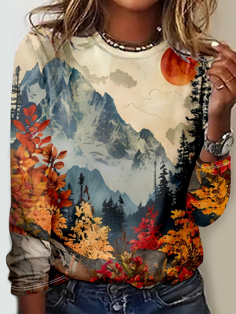 Crew Neck Long Sleeve Landscape Painting Regular Micro-Elasticity Regular Fit Blouse For Women