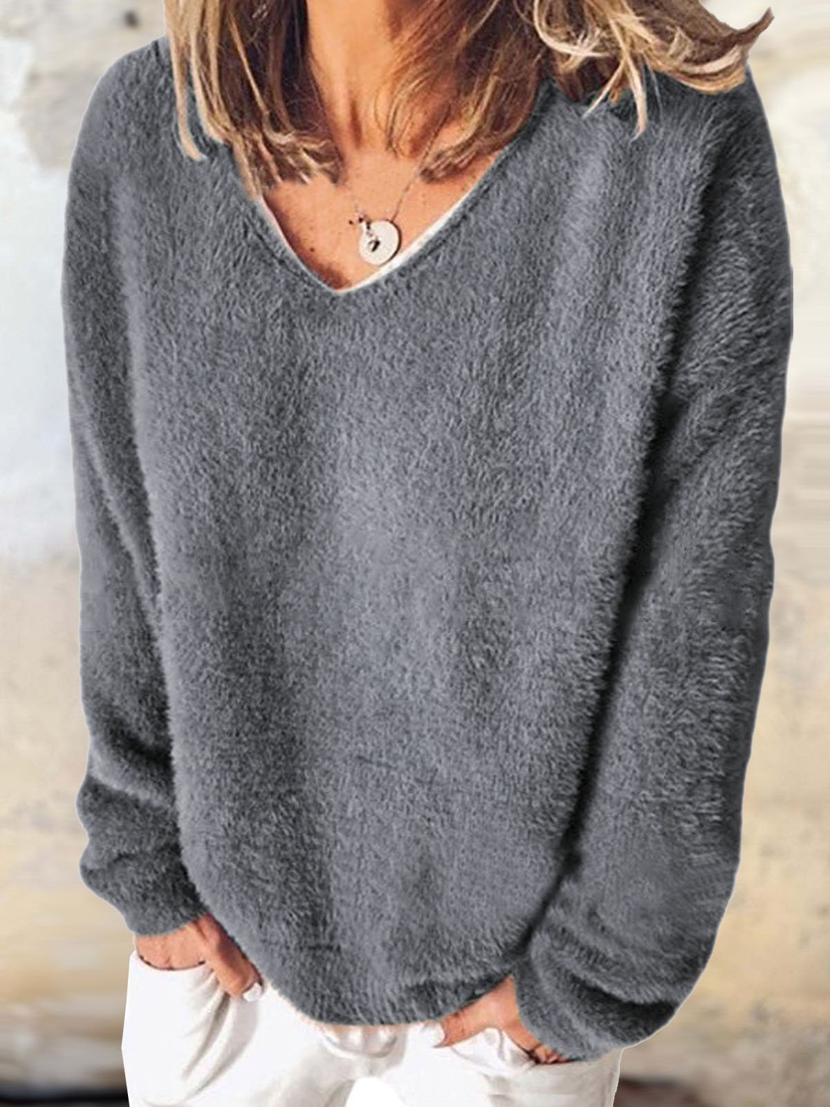 Casual V Neck Plain Sweatshirt