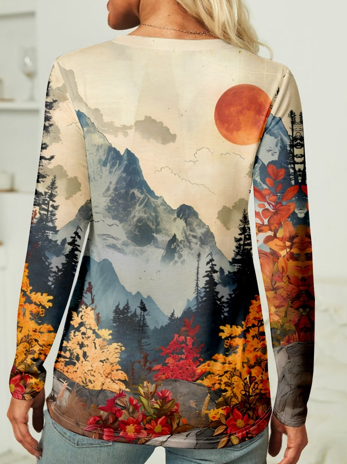 Crew Neck Long Sleeve Landscape Painting Regular Micro-Elasticity Regular Fit Blouse For Women