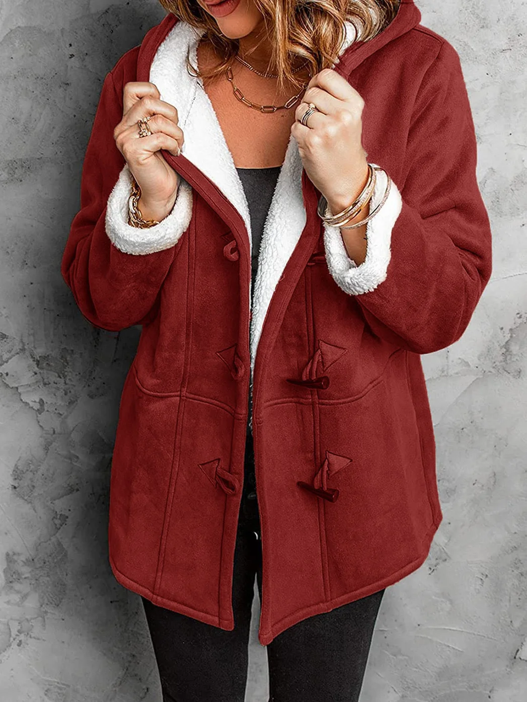 Women's Plain Zip Up Hoodie Buttoned Fleece Loose Jacket