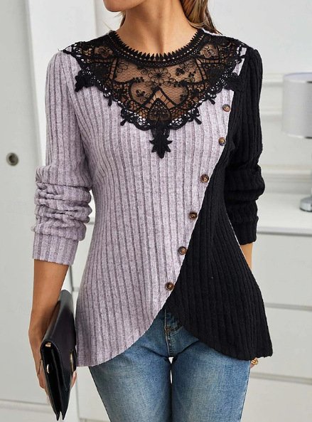 Crew Neck Long Sleeve Color Block Lace Regular Micro-Elasticity Loose Blouse For Women