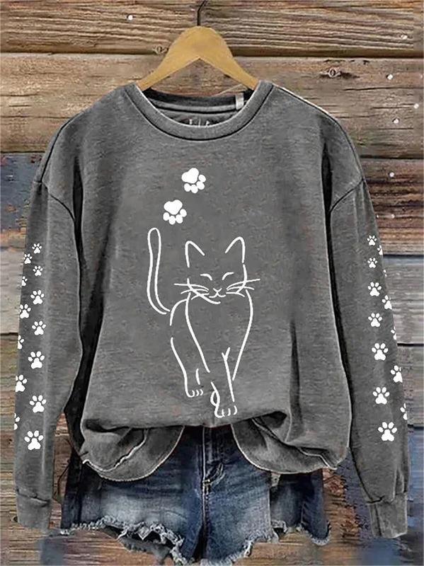 Casual Crew Neck Cut Cat Print Sweatshirt