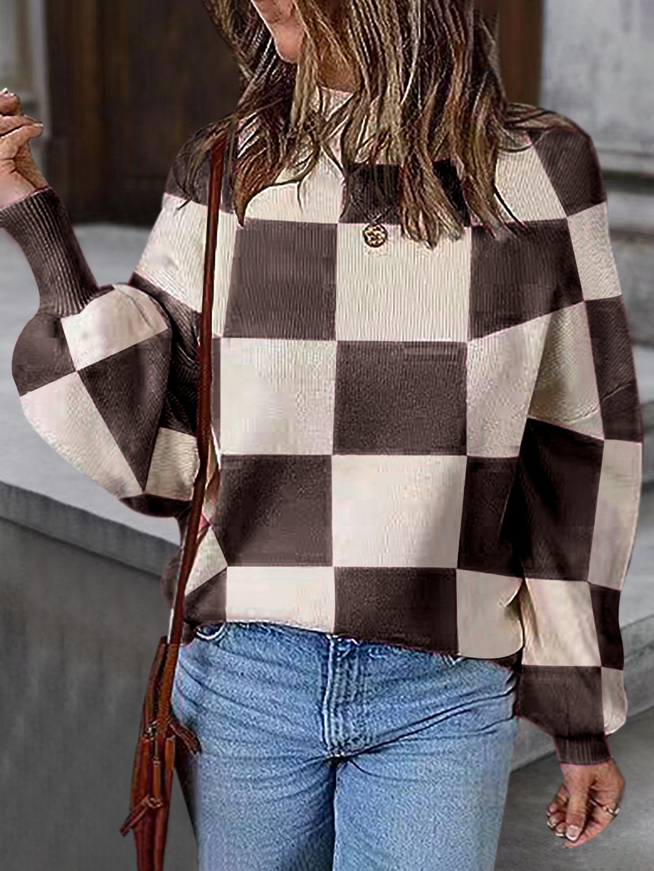 Women Yarn/Wool Yarn Geometric Long Sleeve Comfy Casual Sweater