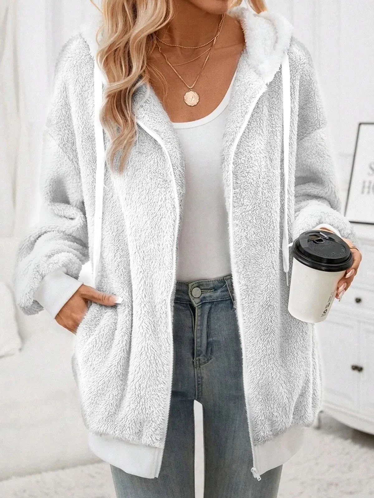 Women's Plain Zipper Thicken Loose Teddy Jacket