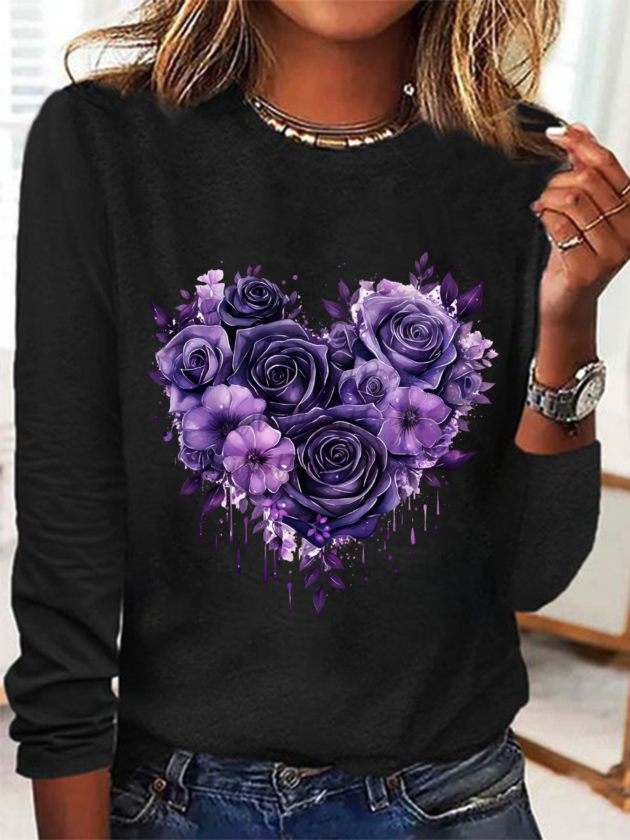 Casual Heart/Cordate Crew Neck Long Sleeve T-shirt