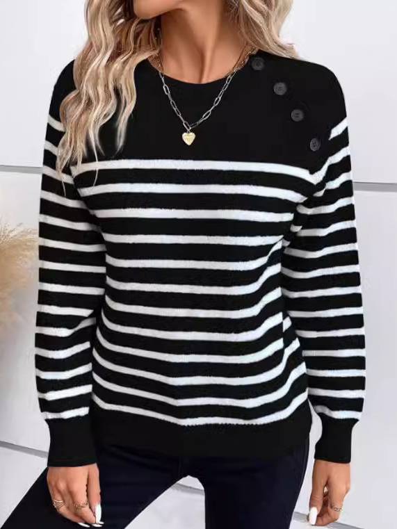 Women Yarn/Wool Yarn Striped Long Sleeve Comfy Casual Sweater