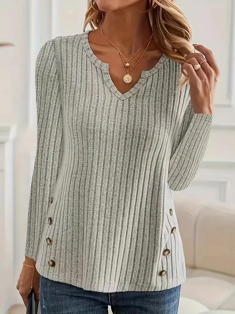 V Neck Long Sleeve Plain Regular Micro-Elasticity Loose Blouse For Women