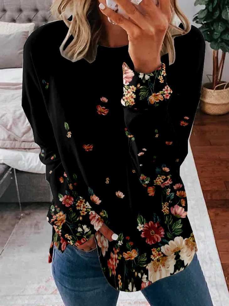 Casual Crew Neck Floral Sweatshirt