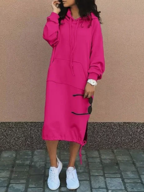 Women Plain Hoodie Long Sleeve Comfy Casual Midi Dress