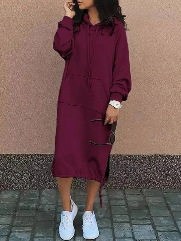 Women Plain Hoodie Long Sleeve Comfy Casual Midi Dress