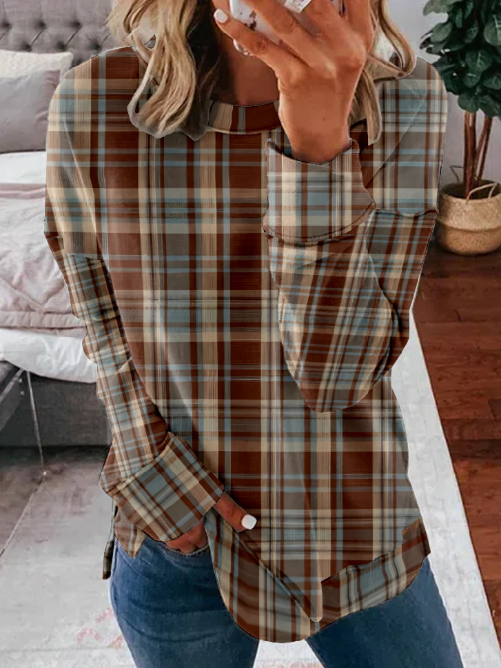 Casual Crew Neck Plaid Sweatshirt