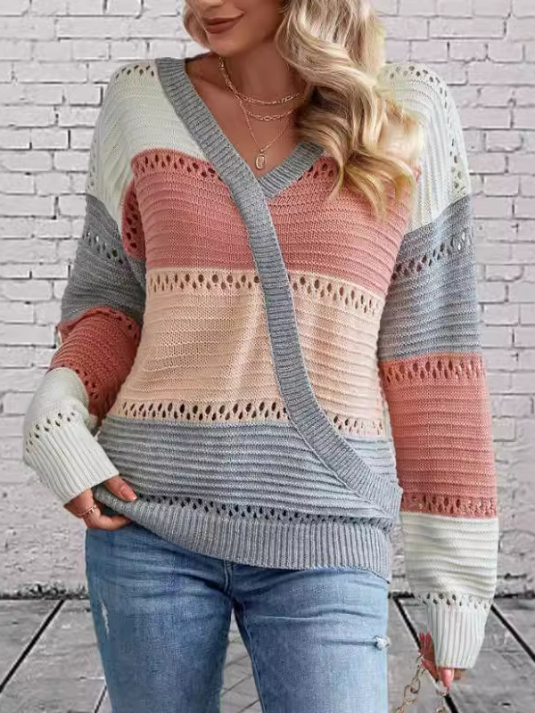 Women Yarn/Wool Yarn Color Block Long Sleeve Comfy Casual Sweater