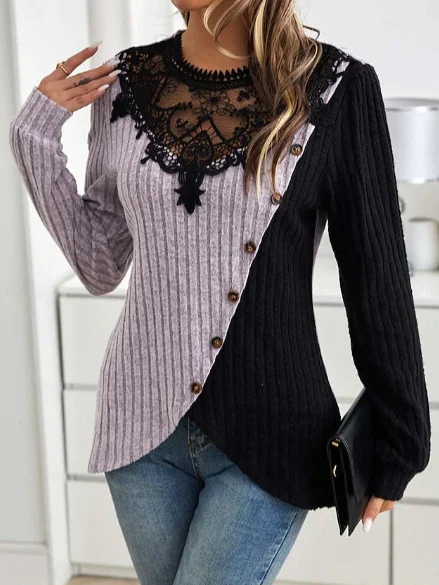 Crew Neck Long Sleeve Color Block Lace Regular Micro-Elasticity Loose Blouse For Women