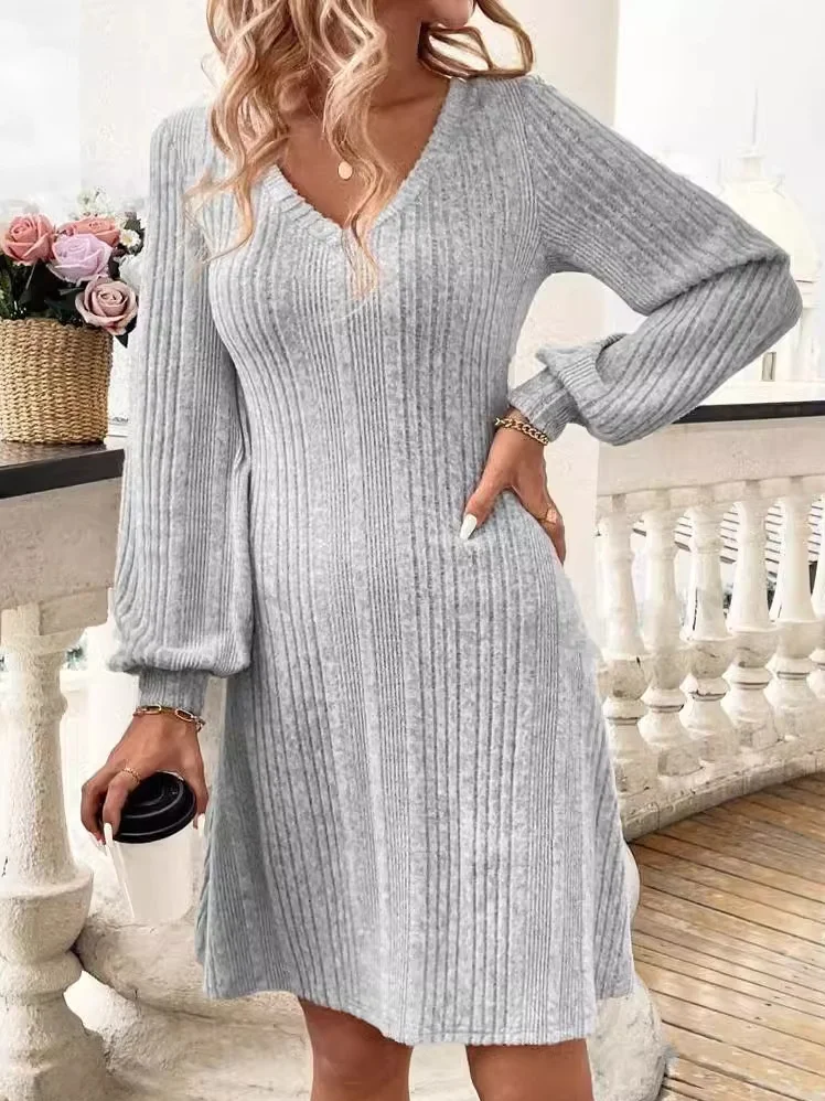 Women Plain V Neck Long Sleeve Comfy Casual Midi Dress