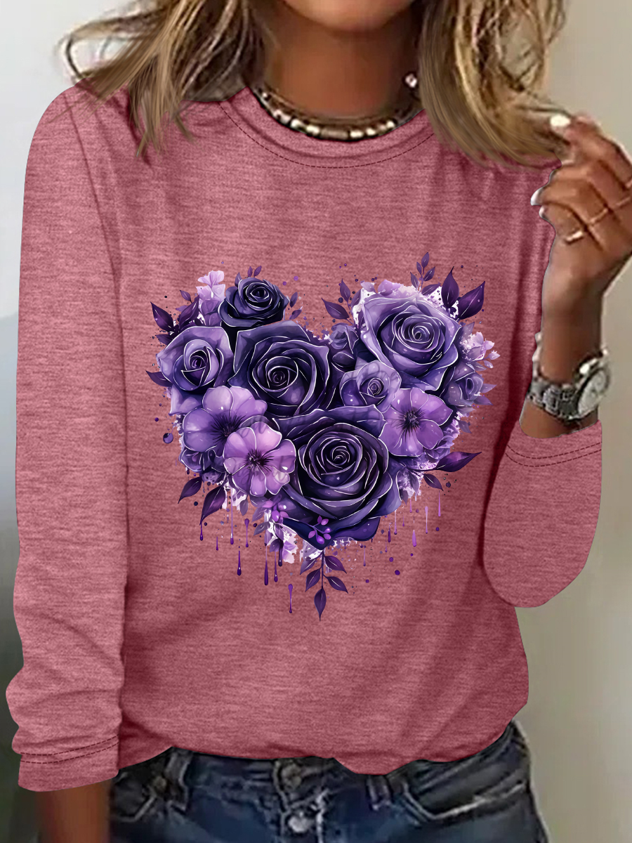 Casual Heart/Cordate Crew Neck Long Sleeve T-shirt