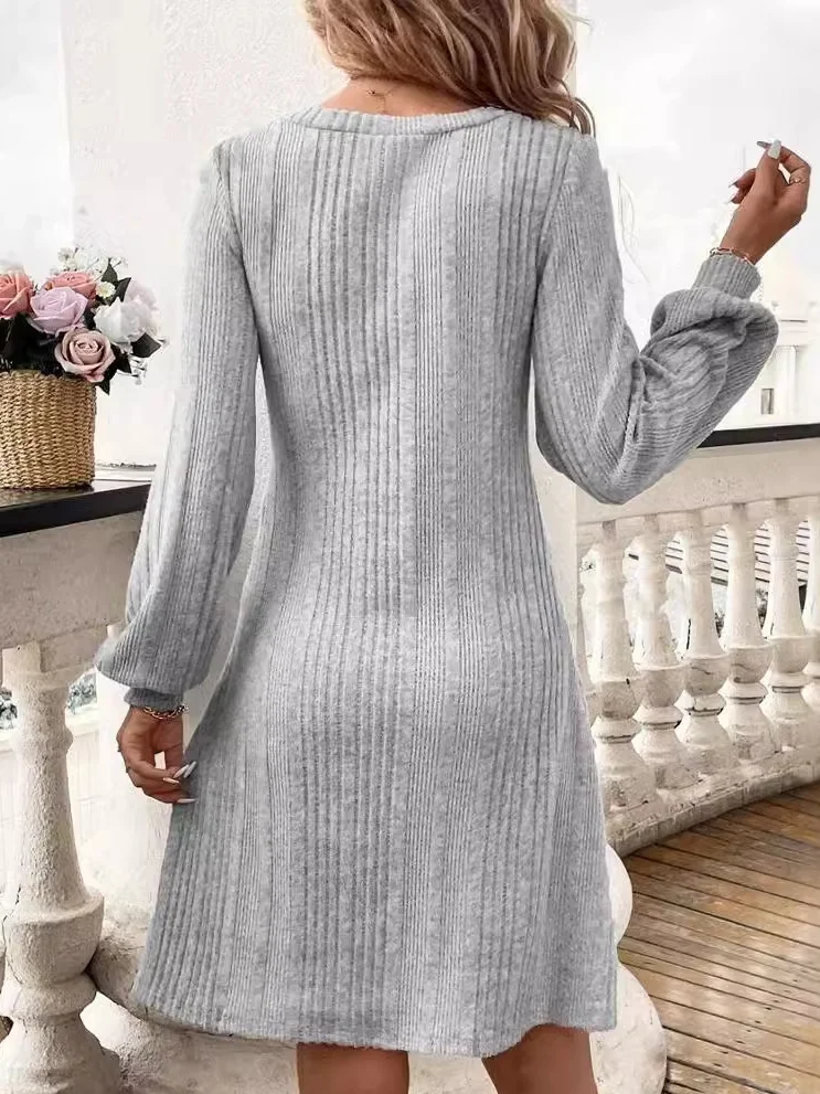 Women Plain V Neck Long Sleeve Comfy Casual Midi Dress