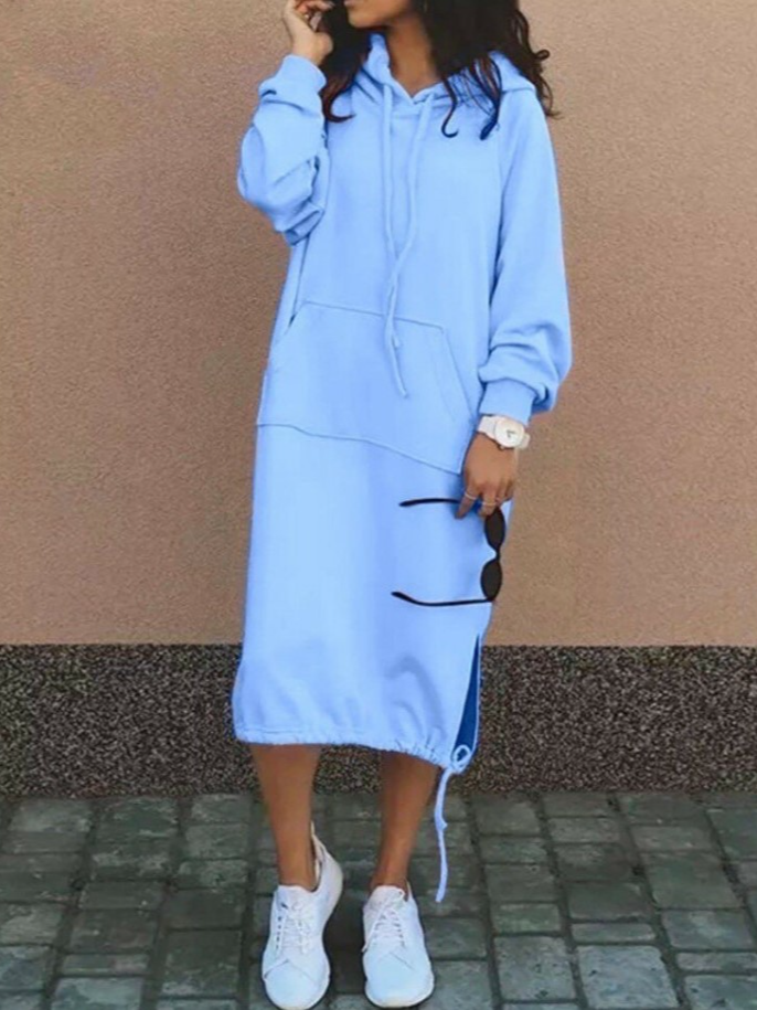 Women Plain Hoodie Long Sleeve Comfy Casual Midi Dress