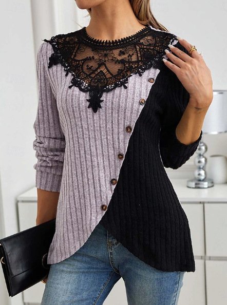 Crew Neck Long Sleeve Color Block Lace Regular Micro-Elasticity Loose Blouse For Women