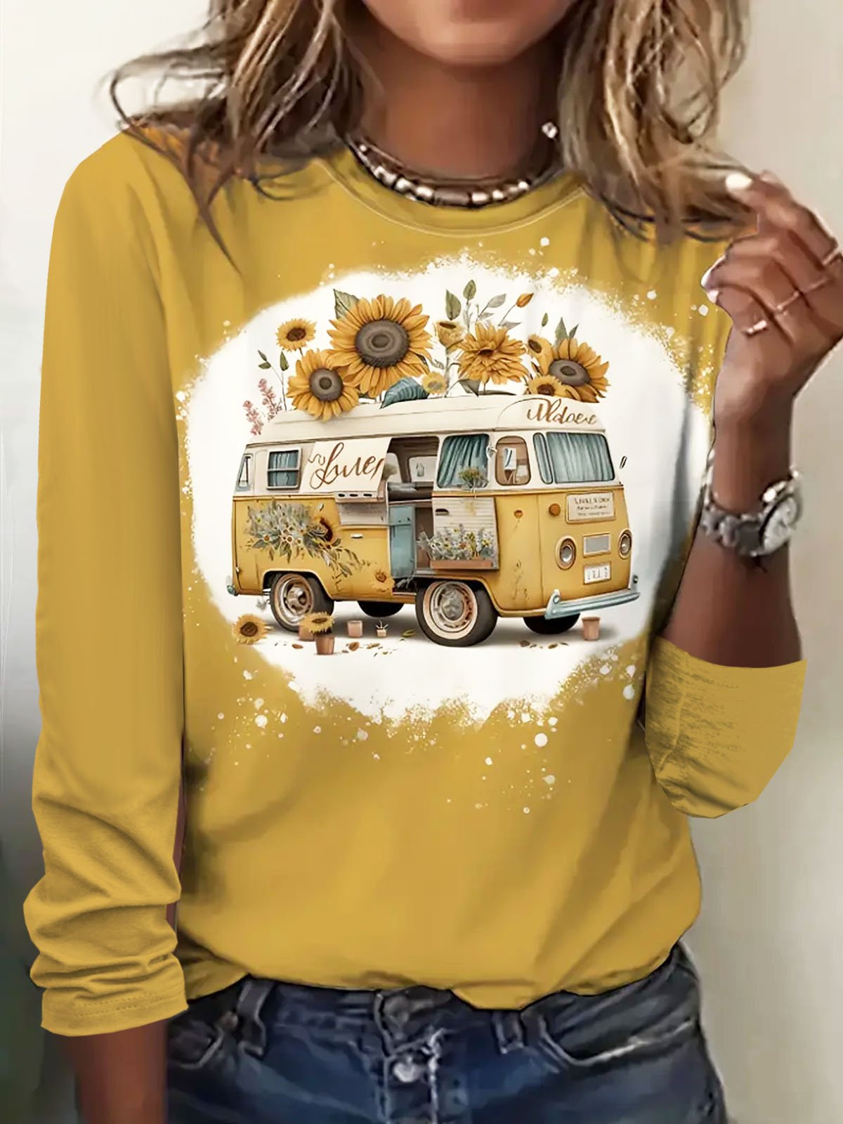 Casual Sunflower Crew Neck Long Sleeve T-shirt