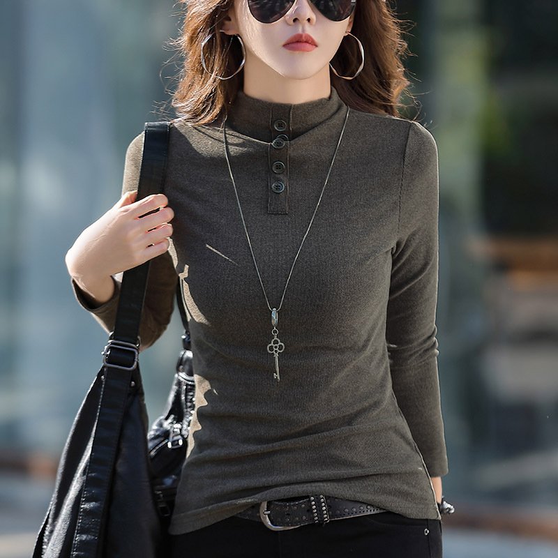 Casual Plain Turtleneck Long Sleeve T-shirt