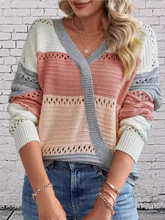 Women Yarn/Wool Yarn Color Block Long Sleeve Comfy Casual Sweater