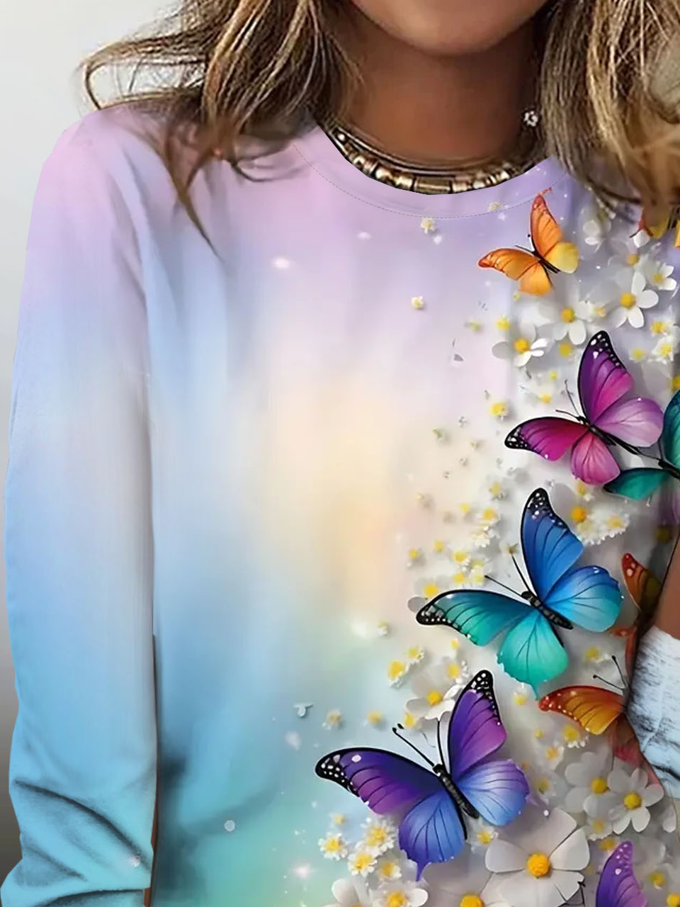 Casual Butterfly Crew Neck Long Sleeve T-shirt