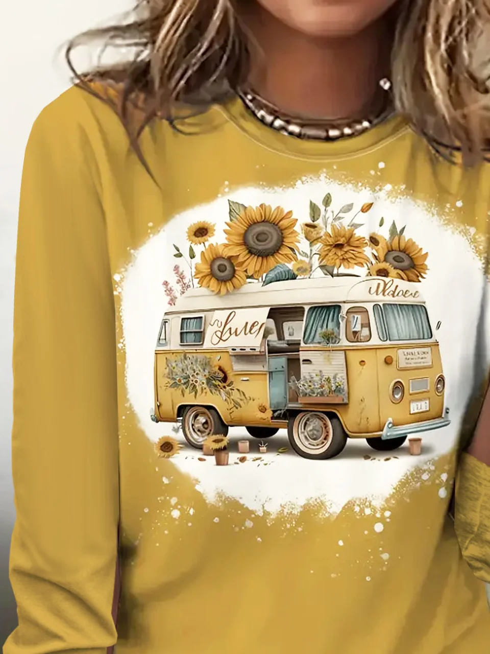 Casual Sunflower Crew Neck Long Sleeve T-shirt