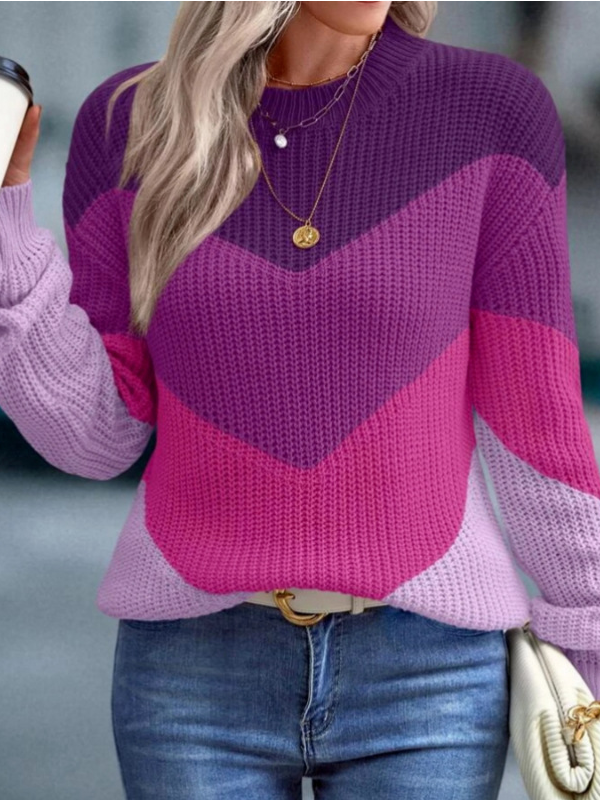 Women Yarn/Wool Yarn Color Block Long Sleeve Comfy Casual Sweater