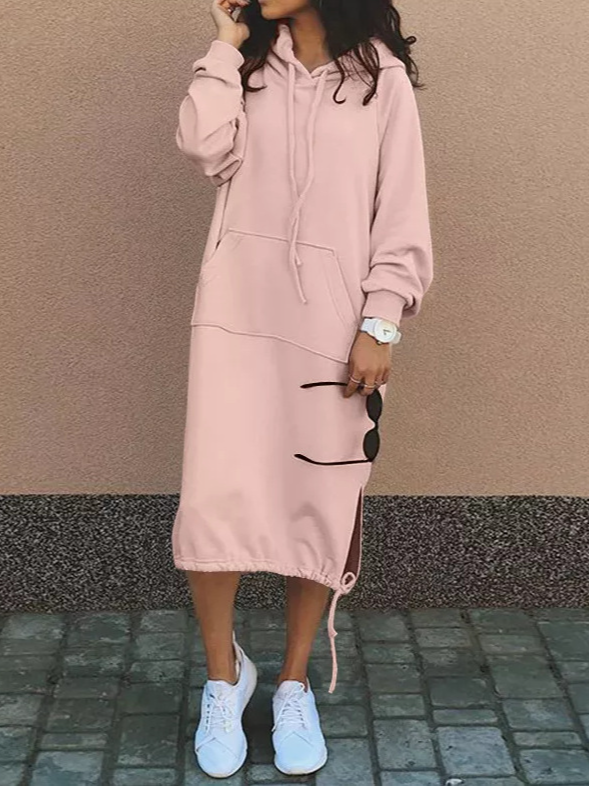 Women Plain Hoodie Long Sleeve Comfy Casual Midi Dress