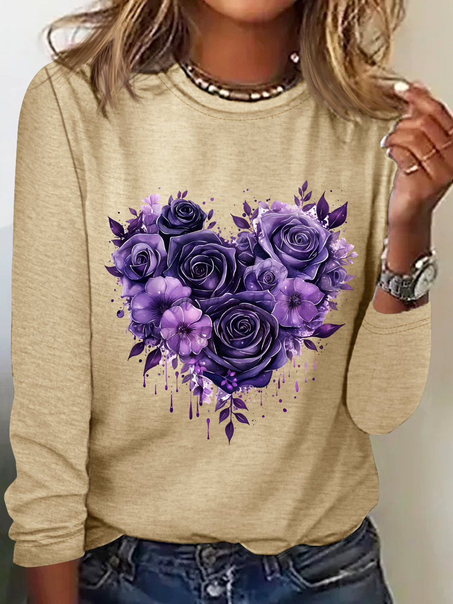 Casual Heart/Cordate Crew Neck Long Sleeve T-shirt