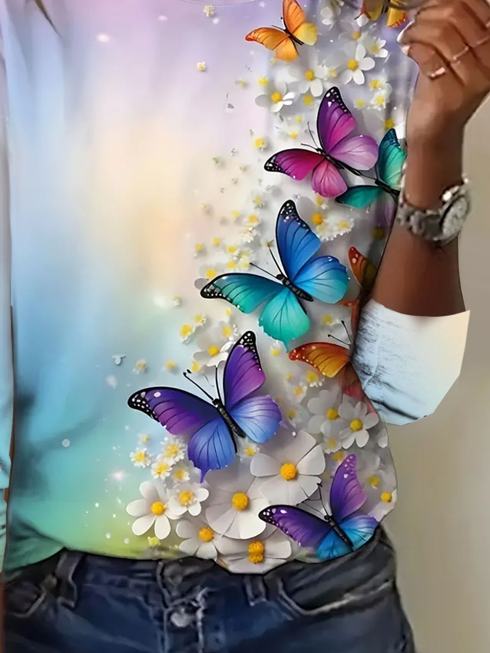 Casual Butterfly Crew Neck Long Sleeve T-shirt