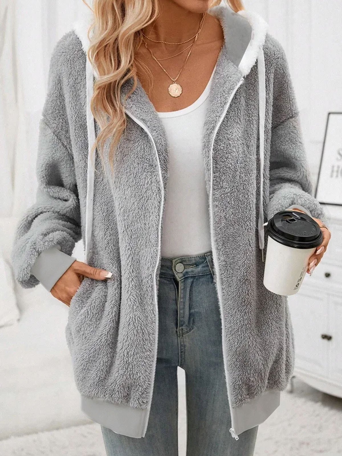 Women's Plain Zipper Thicken Loose Teddy Jacket