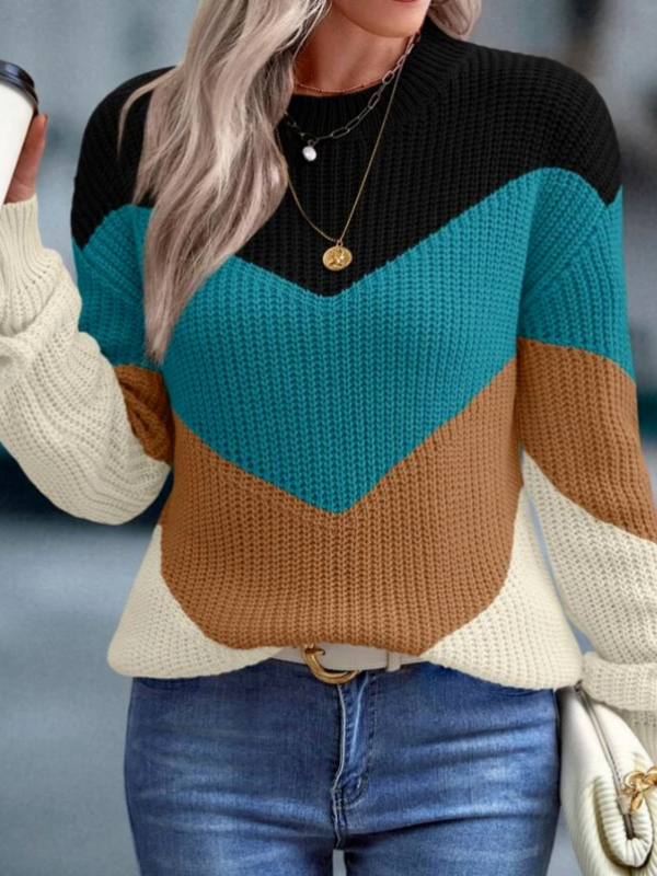 Women Yarn/Wool Yarn Color Block Long Sleeve Comfy Casual Sweater