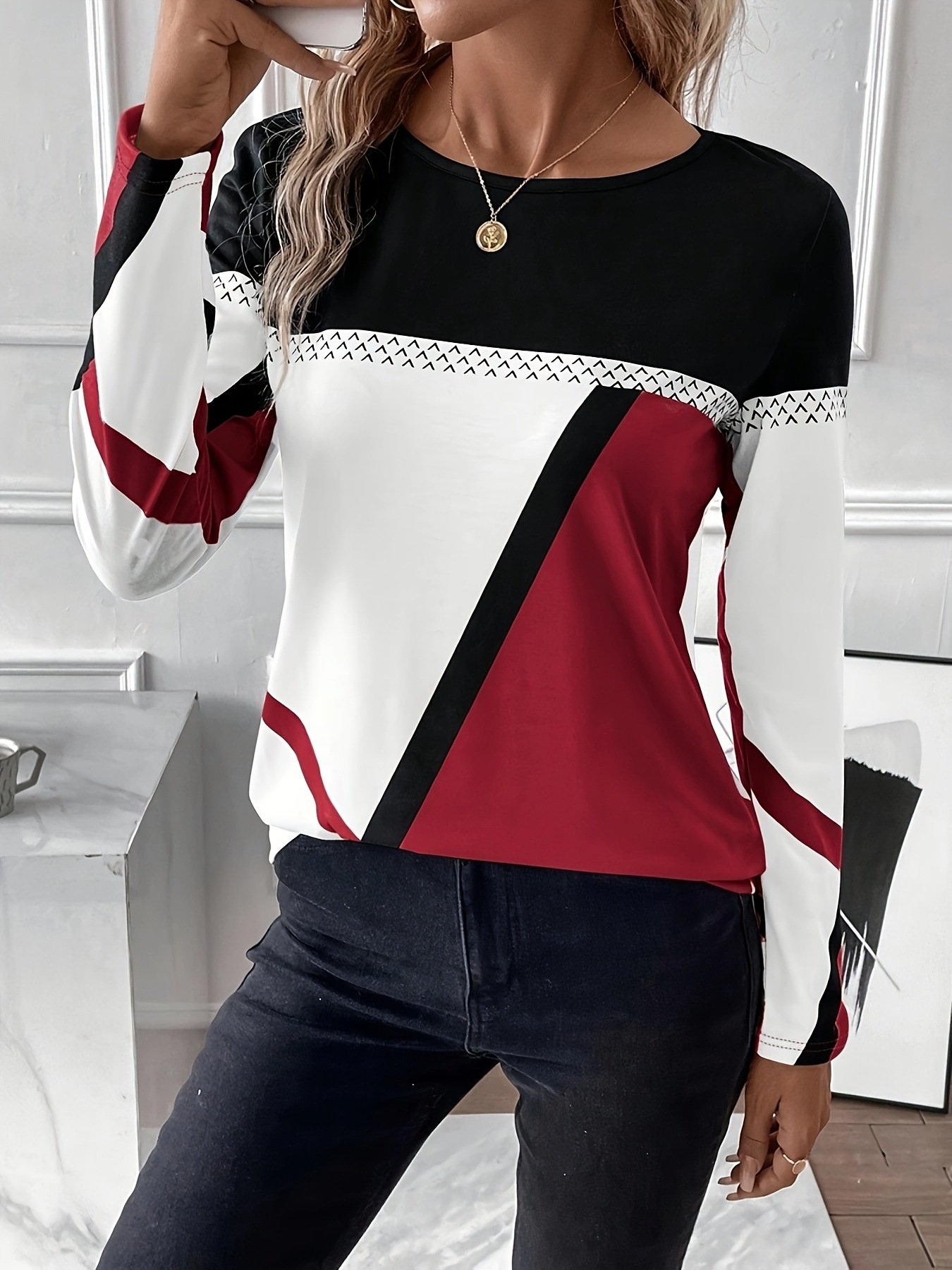 Crew Neck Long Sleeve Plaid Regular Micro-Elasticity Loose Blouse For Women