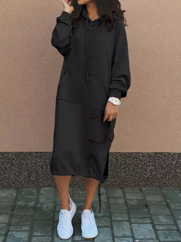 Women Plain Hoodie Long Sleeve Comfy Casual Midi Dress