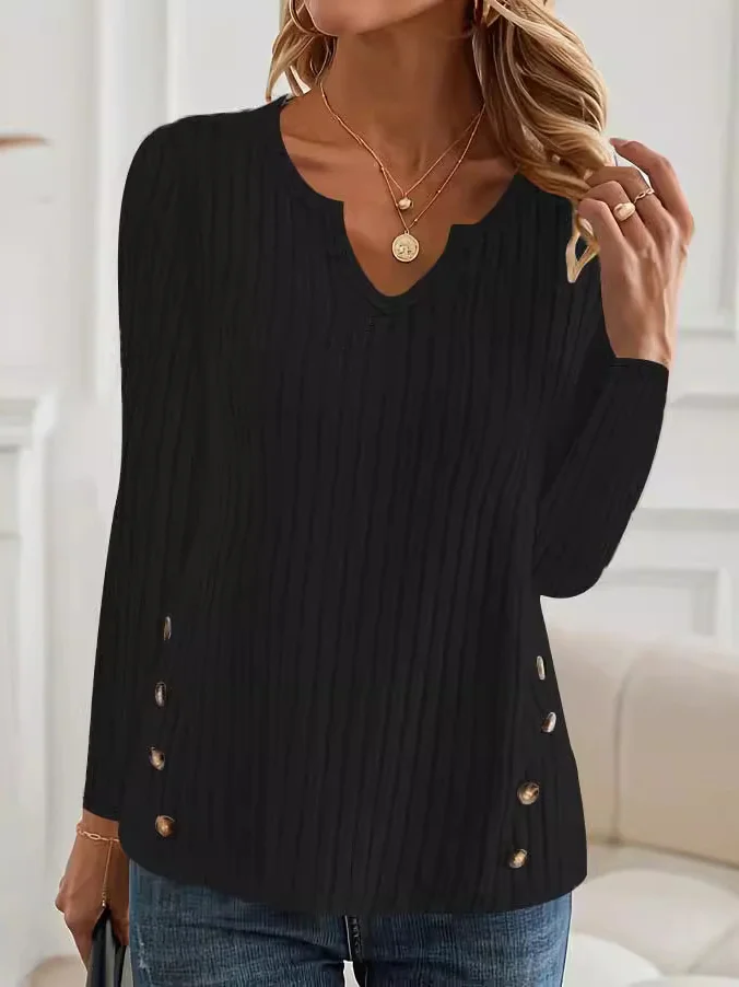 V Neck Long Sleeve Plain Regular Micro-Elasticity Loose Blouse For Women