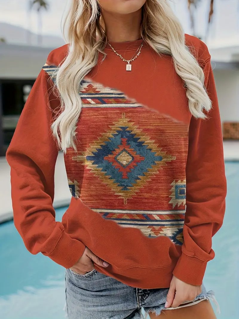 Vintage Crew Neck Ethnic Geometry Sweatshirt