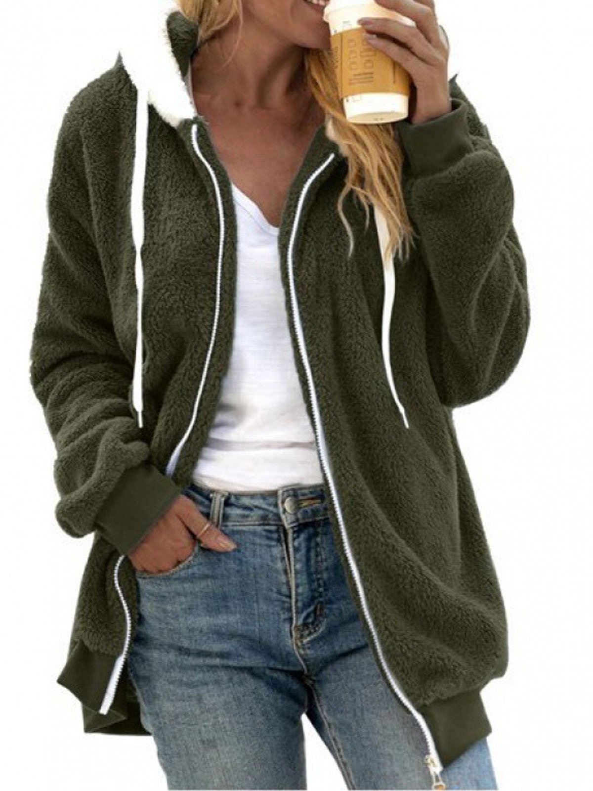 Women's Plain Zipper Thicken Loose Teddy Jacket