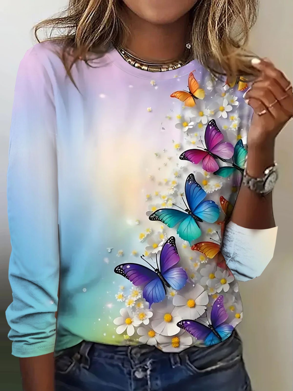 Casual Butterfly Crew Neck Long Sleeve T-shirt