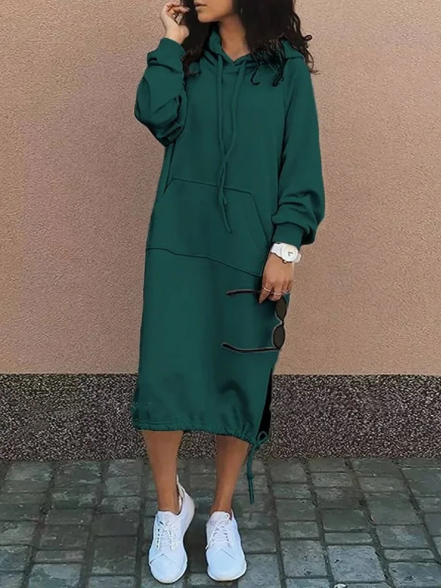 Women Plain Hoodie Long Sleeve Comfy Casual Midi Dress