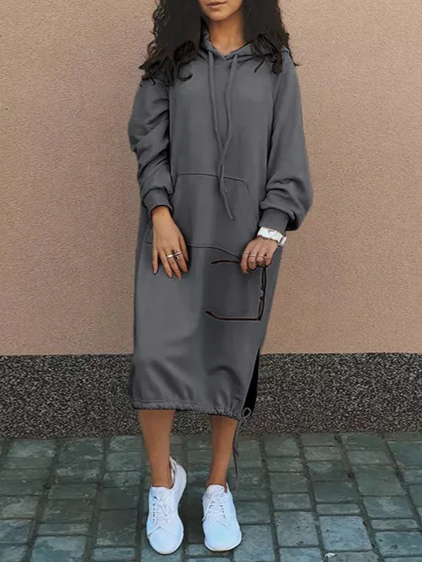 Women Plain Hoodie Long Sleeve Comfy Casual Midi Dress