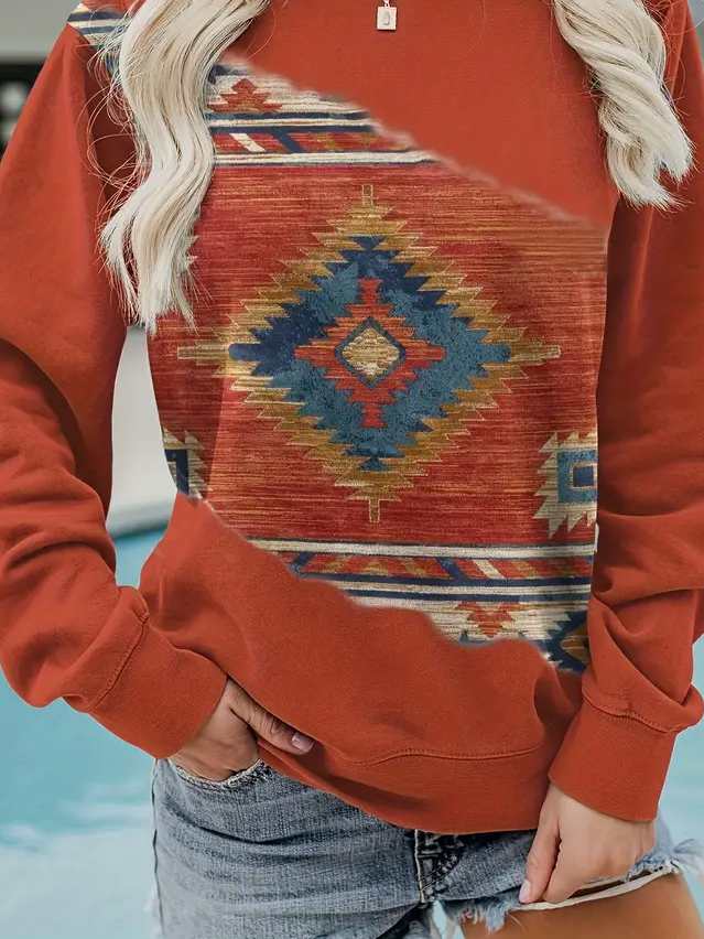 Vintage Crew Neck Ethnic Geometry Sweatshirt